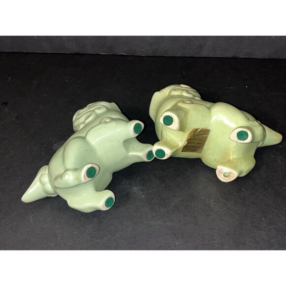 Pair MCM Oriental Foo Dog Tealight Candle Holders Khara Lions Vtg Green Asian - Picture 7 of 10
